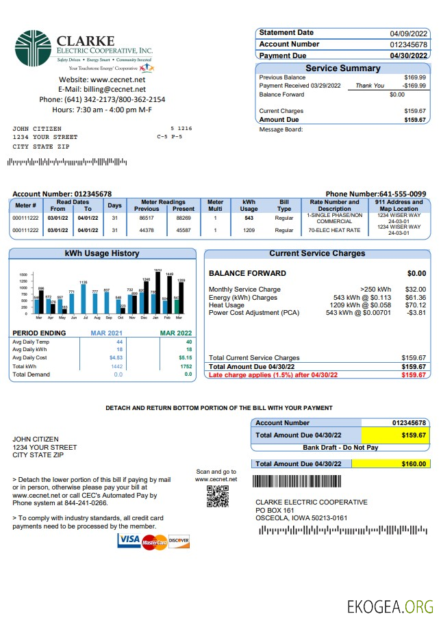 USA Iowa Clarke Electric Cooperative, Inc utility bill template in Word and PDF format